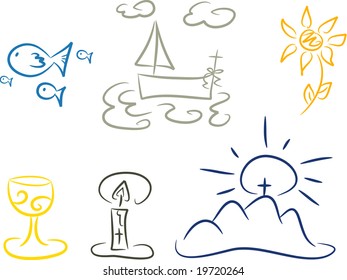 Set of illustrations depicting symbols of christianity including fishes, fishing boat, cross, flower, light, mountain and chalice (vector)