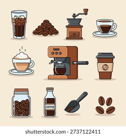 A set of illustrations depicting various coffee-related items and beverages.