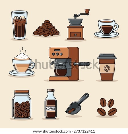 A set of illustrations depicting various coffee-related items and beverages.