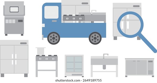 Um conjunto de ilustrações que retratam vários equipamentos de cozinha comercial e compras
