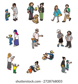 A set of illustrations depicting various communication scenes from everyday life.