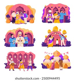 Set of illustrations depicting various scenes of Diwali celebrations in a vibrant, festive style. This vector illustration is perfect for holiday decorations and festival promotions.