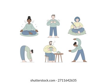 Un conjunto de ilustraciones que representan varias actividades de cuidado personal y bienestar mental. El grupo diverso de personajes está participando en prácticas conscientes para promover la relajación y el bienestar.