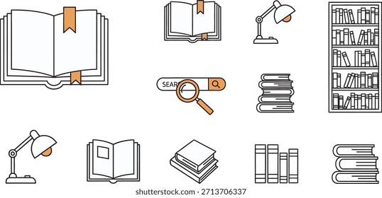 Um conjunto de ilustrações que retratam vários itens relacionados ao estudo e ao livro, incluindo livros, lâmpadas e estantes de livros em um estilo de linha simples.
