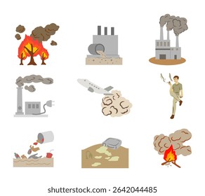 A set of illustrations depicting various types of global industrial pollution, including air, water, and land pollution. Ideal for environmental campaigns, educational content, and eco awareness