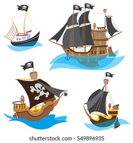 A set of illustrations depicting various types of ships. Pirate Frigate and sailboats with black sails.