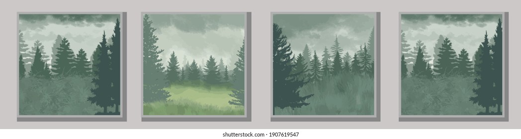 A set of illustrations depicting wildlife. Pictures of the forest. Wildlife vector illustration. Forest. Trees and fog. Foggy forest landscape.