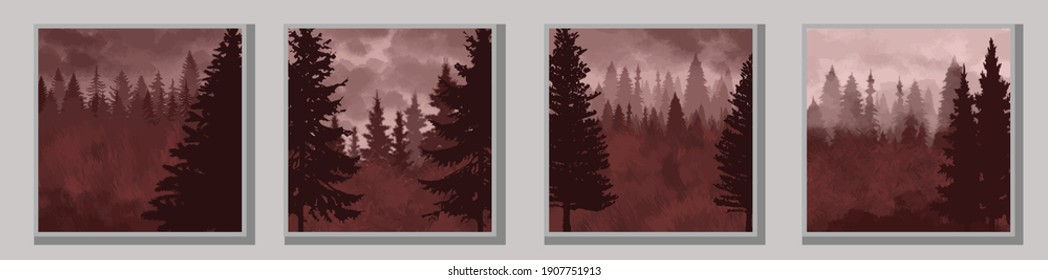 A set of illustrations depicting wildlife. Pictures of the forest. Wildlife vector illustration. Forest. Trees and fog. Foggy forest landscape.
