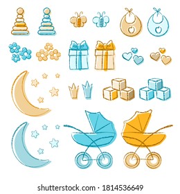 A set of illustrations for the design of the baby shower in pastel colors. For scrapbooking, postcards, invitations, metrics.