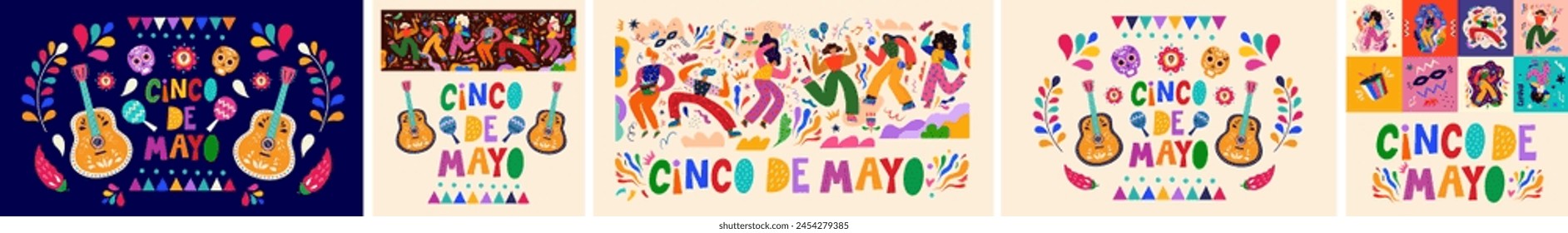 Set of illustrations with design for Mexican holiday 5 may Cinco De Mayo. Vector templates with traditional Mexican symbols skull, Mexican guitar, flowers, red pepper