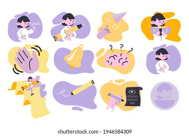 A set of illustrations for the design of a mobile application. Teenager girl character. Twelve pictures for the design of the educational platform.