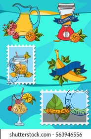 A set of illustrations for design summer bar. Desserts, cocktails and fruit.