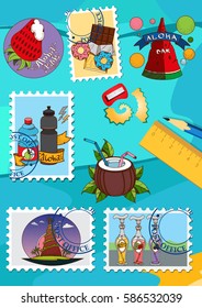 A set of illustrations for design summer bar. Postage stamps with the image of desserts.