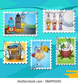 A set of illustrations for design summer bar. Postage stamps with the image of desserts.