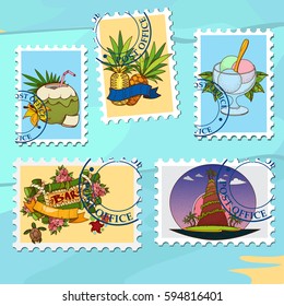 A set of illustrations for design summer bar. Postage stamps with the image of desserts, tropical island and fruit
