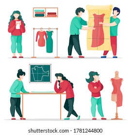 Satz von Illustrationen. Designer, die in der Nähwerkstatt oder im Atelier arbeiten. Frauenstylist steht neben Rack mit neuen Kleider. Frau in der Nähe von Mannequin mit unvollendetem Kleid. Menschen, die über Schneidemuster diskutieren