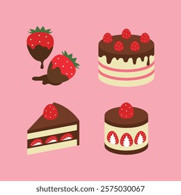 A set of illustrations of desserts and chocolate cakes with strawberry and chocolate combinations.