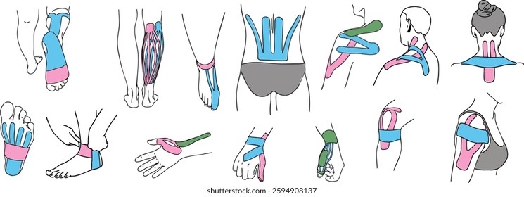Set of illustrations of different body parts with tapes attached. Vector illustration.