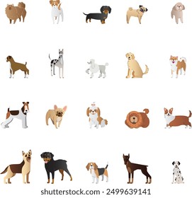 Set of illustrations of different breed of dogs, hand-drawn as vector graphic.