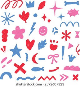 set of illustrations of different cute shapes with different color and marker hand-drawn effect
