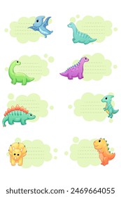A set of illustrations of different dinosaurs with a field for writing.	