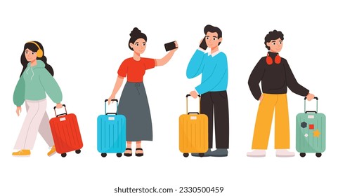 Set of illustrations of different people with suitcases at the airport or train station. Vector graphic.