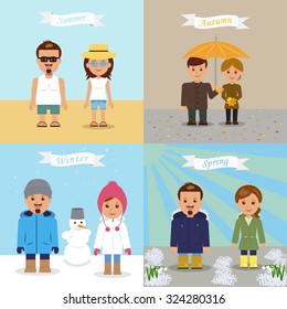 A set of illustrations of different seasons. A man and a woman in the spring, summer, autumn and winter in different clothes.