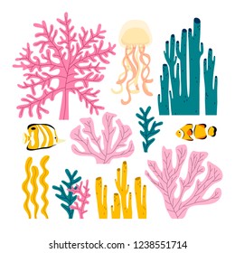 set of illustrations of different seaweeds and corals in pastel colors. underwater set in cute cartoon style