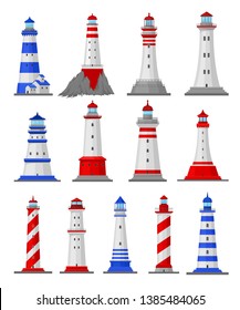 Set of illustrations of different types of lighthouses. Vector illustration.