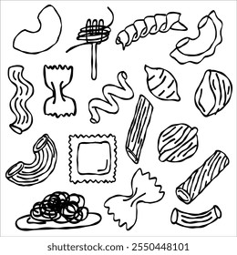 set of illustrations with different types of pasta with doodles or handmade style, line art for backgrounds