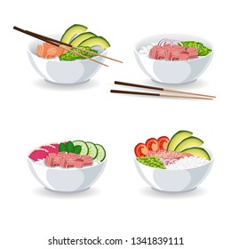 Set of illustrations with different types of Poke bowl isolated on white background