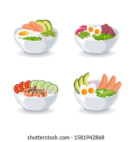 Set of illustrations with different types of Poke bowl isolated on white background