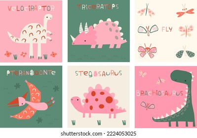 set of illustrations with dinosaurs and butterflies  for the design of cards, textiles, books.  reptile and butterflies  vector illustrations in cartoon style