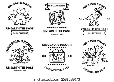 A Set of illustrations in the Dinosaurs concept in line art style