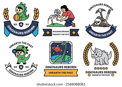 A Set of illustrations in the Dinosaurs concept in line art style
