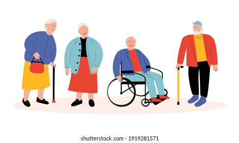 Set of illustrations with disabled elderly people. Vector flat illustration on a white background