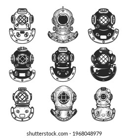 Set of illustrations of diver helmets in monochrome style. Retro diver helmet. Design element for poster, card, banner, sign, logo, emblem. Vector illustration