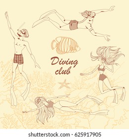 Set of illustrations of divers. Characters in cartoon style on the background of a coral reef. Contour drawing.
