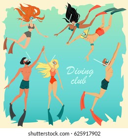 Set of illustrations of divers. Colorful characters in cartoon style.