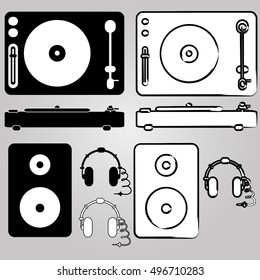 A set of illustrations for a DJ. Outline style. Vinyl player top view and side view. Speakers and headphones. It can be used for logos, websites, brochures, postcards, etc.