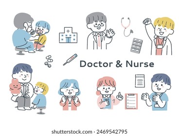 Set of illustrations of doctors and nurses in various poses