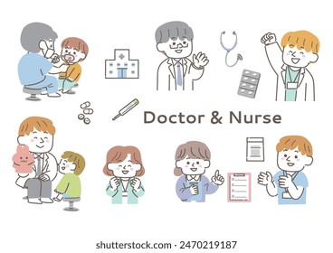 Set of illustrations of doctors and nurses in various poses