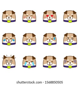 Set of illustrations of dog faces with various expressions