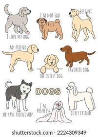 Set of illustrations with dogs and inscriptions. Collection of cute love stickers for dogs. Domestic pets of different breeds isolated vector