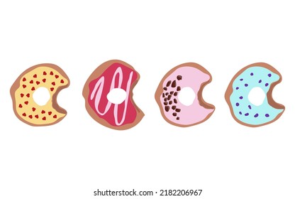 set of illustrations of donuts. Donuts in colorful glaze, children's sweets in assortment, pastries for menu design, cafe decoration and delivery box with glazed lid vector set