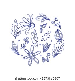 Set of illustrations with doodle flowers. Hand drawn vector sketch for design.