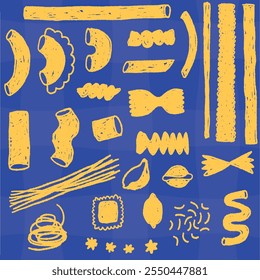 set of illustrations with doodle or handmade style of pasta of different types, Italian pasta	