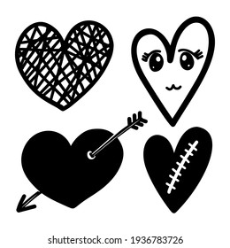 Set of illustrations of doodle hearts. Design element for poster, card, banner, sign, emblem. Vector illustration