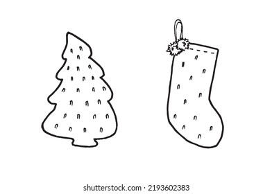 set of illustrations in doodle style on the theme of New Year's decor, Christmas tree and gift, coloring book, symbols, sticker