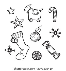 set of illustrations in doodle style on the theme of New Year's decor, candies, confetti, Christmas toys, tangerine, snowflake, gift, coloring book, symbols, sticker